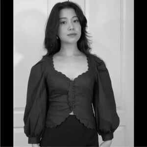 Reformation Black Scalloped Button-Down Puff Sleeve Top